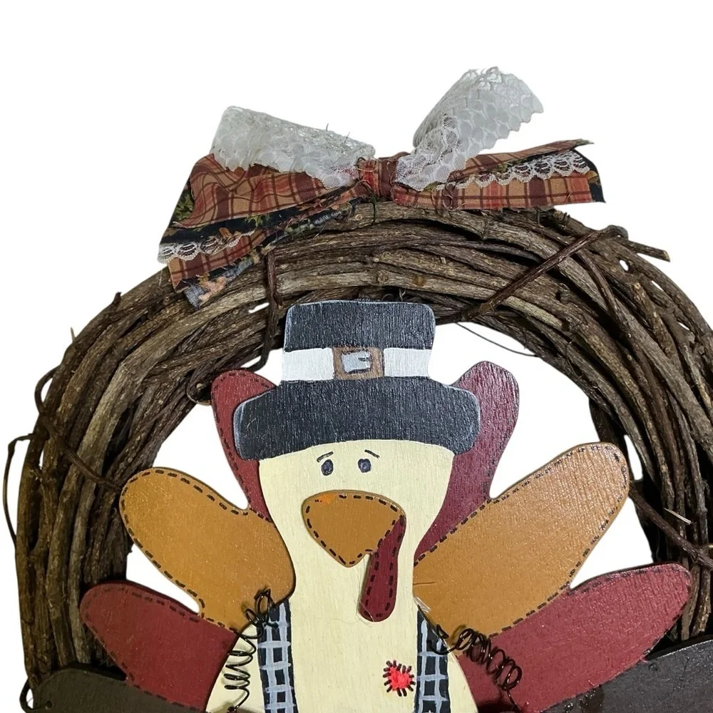 Hand Crafted Thanksgiving Turkey Wreath BeThankful Rustic Red Brown Accent 14 In